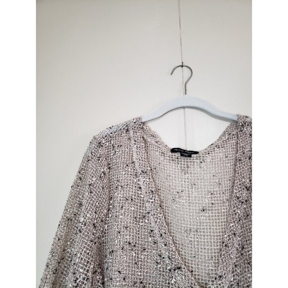 Charlie Paige Womens L XL Cardigan Sheer Knit Button Beige Boho Woven Mesh Y2K - Picture 5 of 7